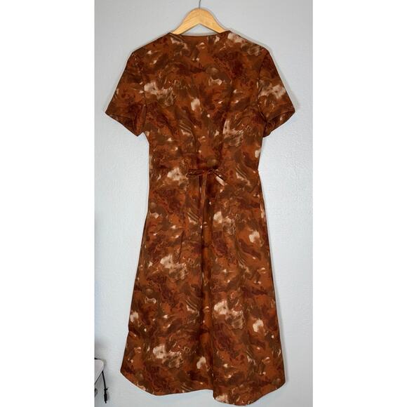 Vintage 70s Short Sleeve Brown Button Down Midi Dress Womens Large Fall Abstract - Picture 5 of 5